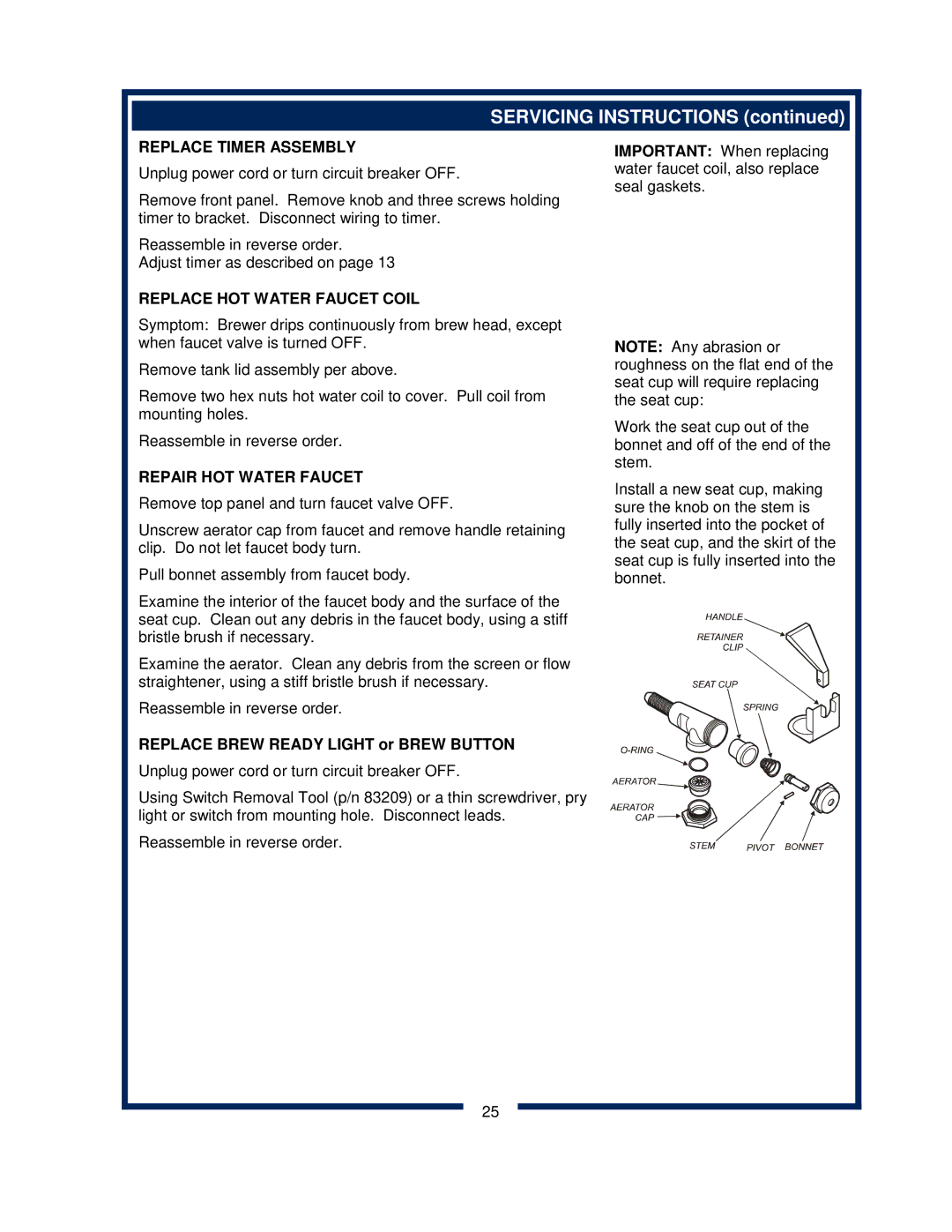 Bloomfield 600 manual Replace Timer Assembly, Replace HOT Water Faucet Coil, Repair HOT Water Faucet 