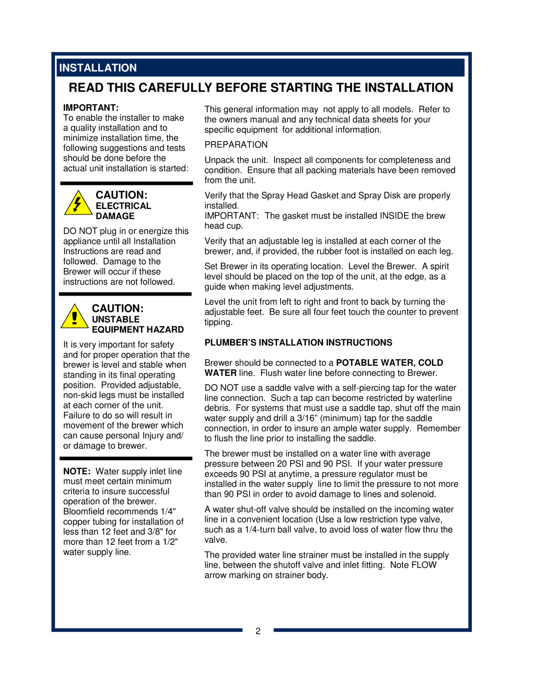 Bloomfield 600 manual Electrical Damage, Unstable Equipment Hazard, PLUMBER’S Installation Instructions 