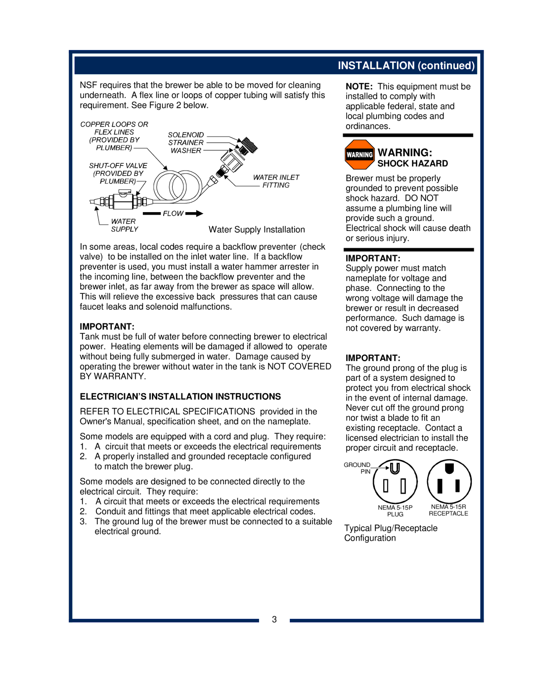 Bloomfield 600 manual ELECTRICIAN’S Installation Instructions, Shock Hazard 