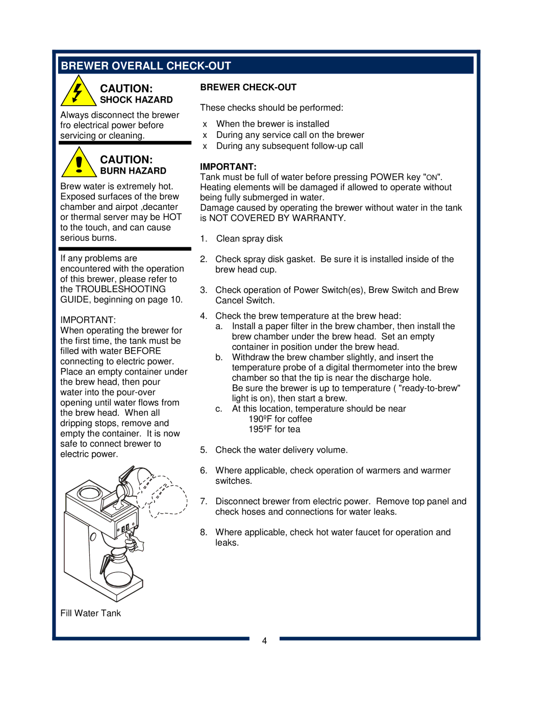 Bloomfield 600 manual Brewer Overall CHECK-OUT, Burn Hazard, Brewer CHECK-OUT 