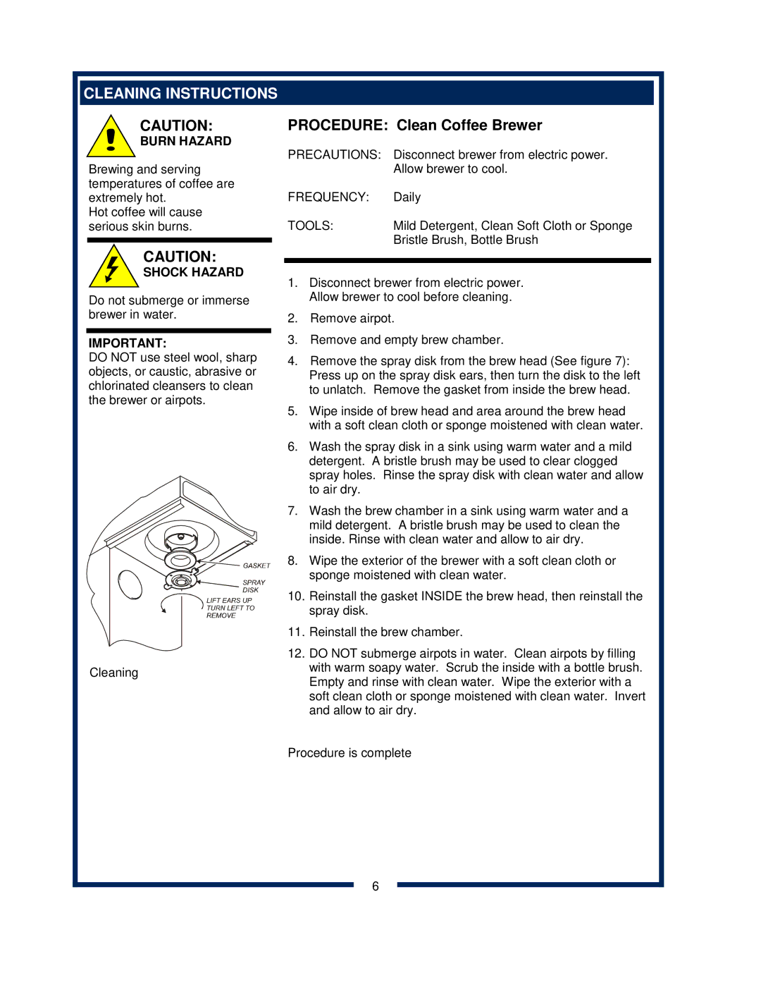 Bloomfield 600 manual Cleaning Instructions, Procedure Clean Coffee Brewer 