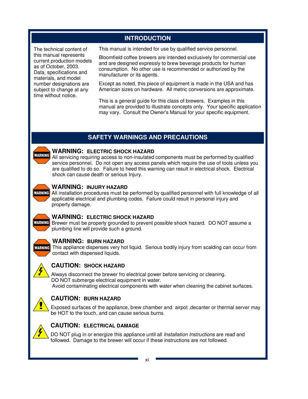 Bloomfield 600 manual Introduction, Safety Warnings And Precautions, Warning Electric Shock Hazard, Warning Injury Hazard 