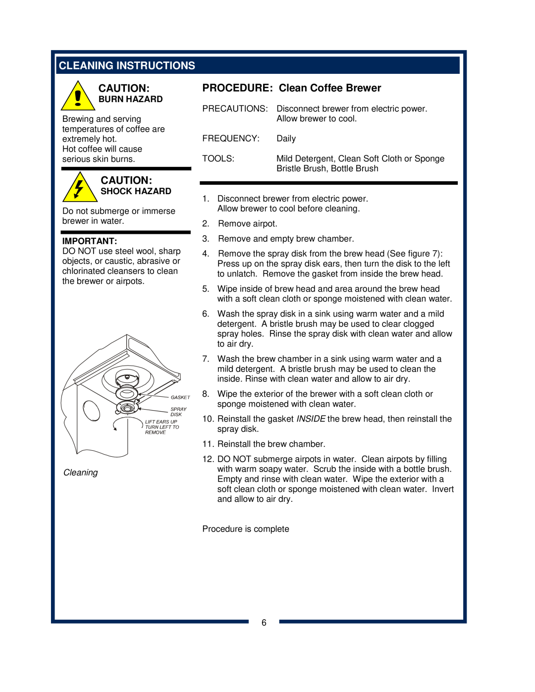 Bloomfield 600 manual Cleaning Instructions, PROCEDURE Clean Coffee Brewer, Burn Hazard, Shock Hazard 