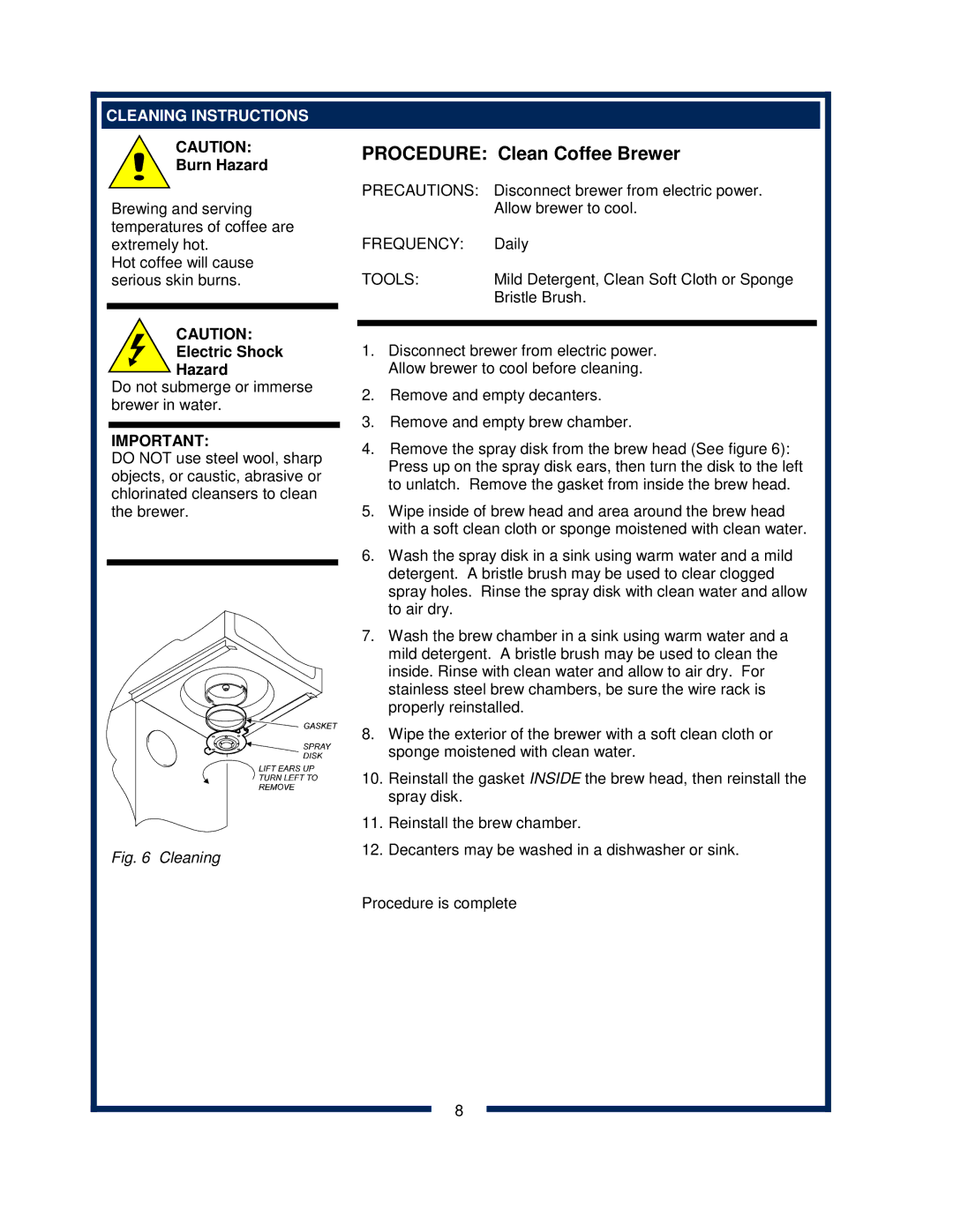 Bloomfield 8372 owner manual Cleaning Instructions, Electric Shock Hazard 