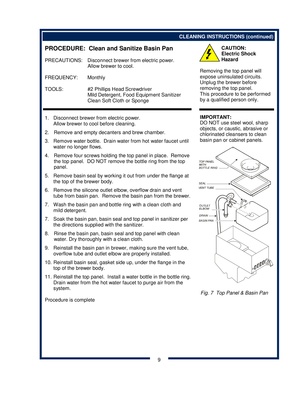 Bloomfield 8372 owner manual Procedure Clean and Sanitize Basin Pan, Electric Shock 