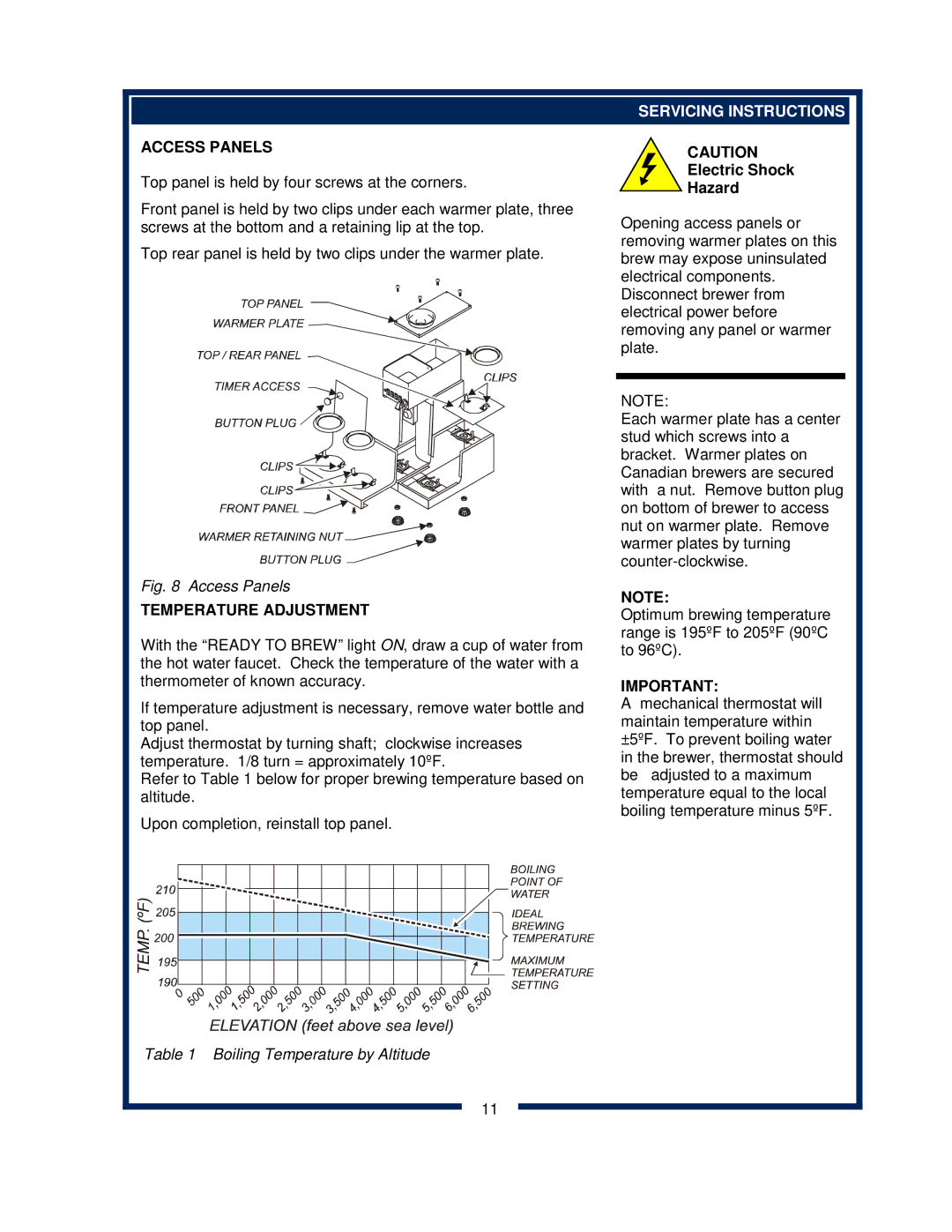 Bloomfield 8372 owner manual Access Panels, Temperature Adjustment, Servicing Instructions 