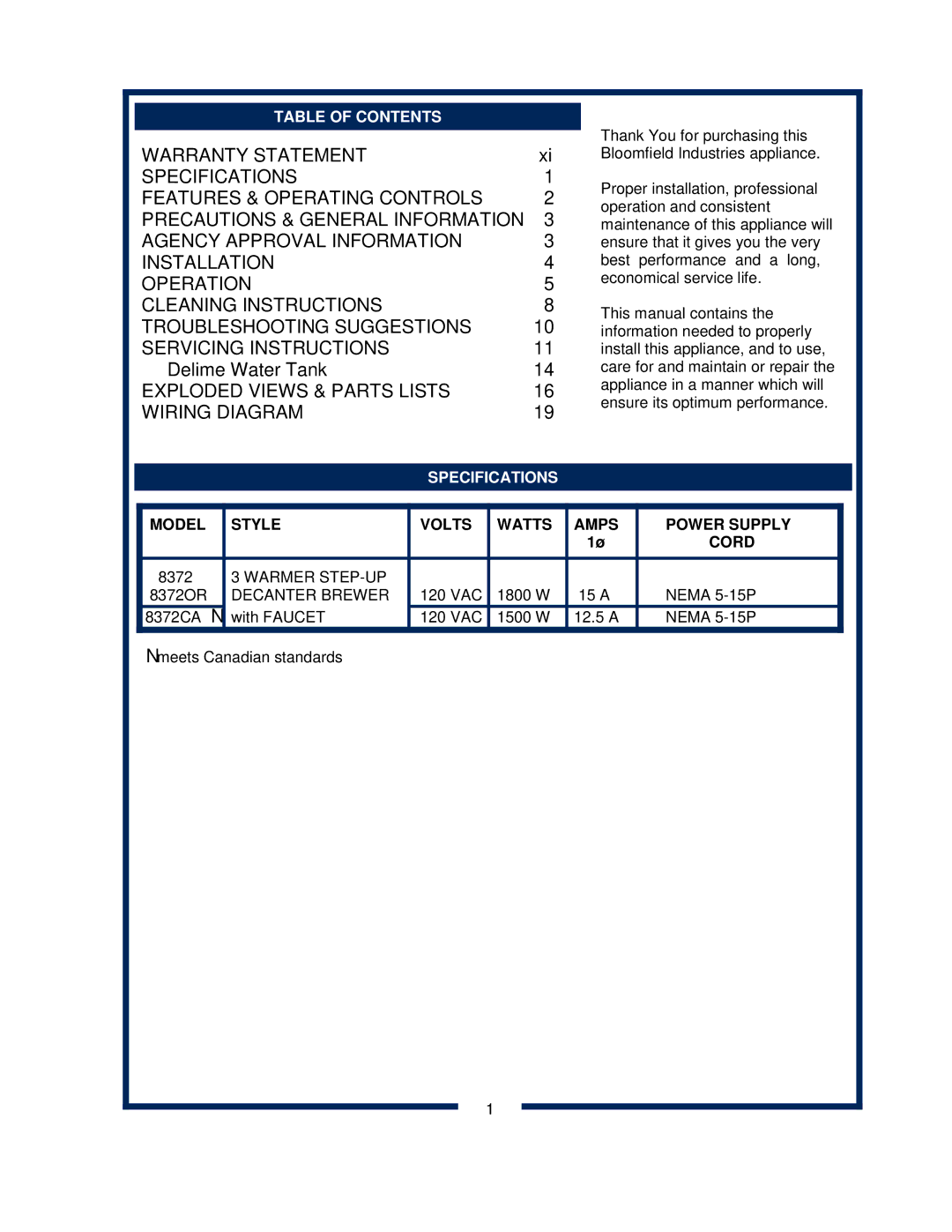 Bloomfield 8372 owner manual Table of Contents, Specifications, Model Style Volts Watts Amps Power Supply Cord 