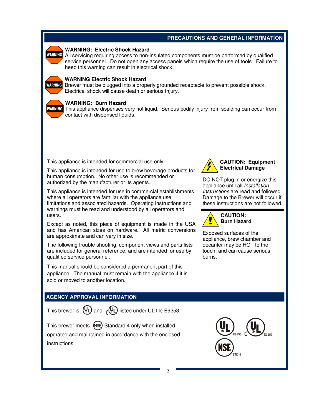 Bloomfield 8372 Precautions and General Information, Electrical Damage, Burn Hazard, Agency Approval Information 