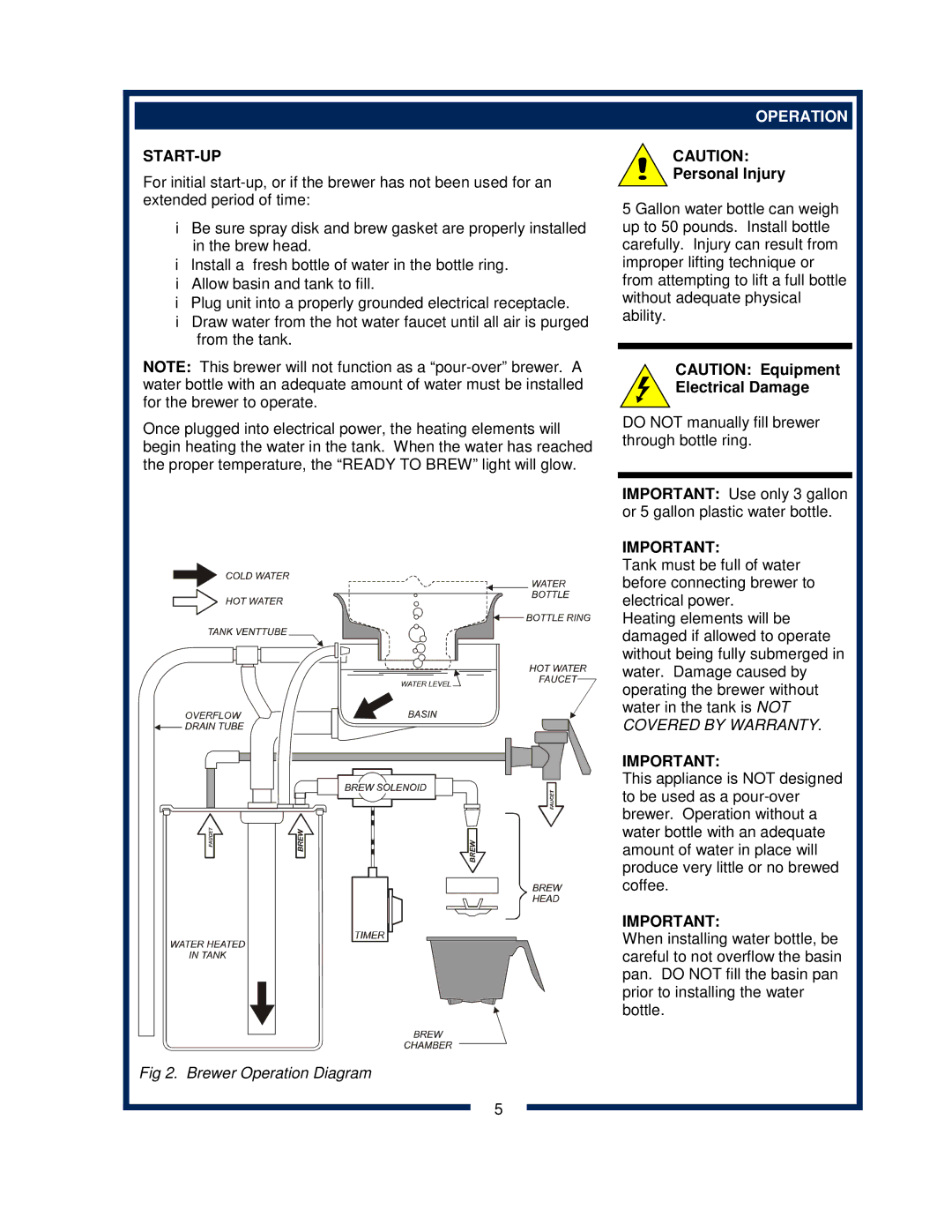 Bloomfield 8372 owner manual Start-Up, Operation, Personal Injury 