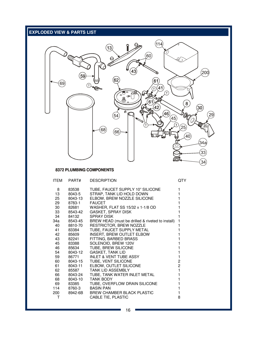 Bloomfield 8372 owner manual Exploded View & Parts List, Plumbing Components 