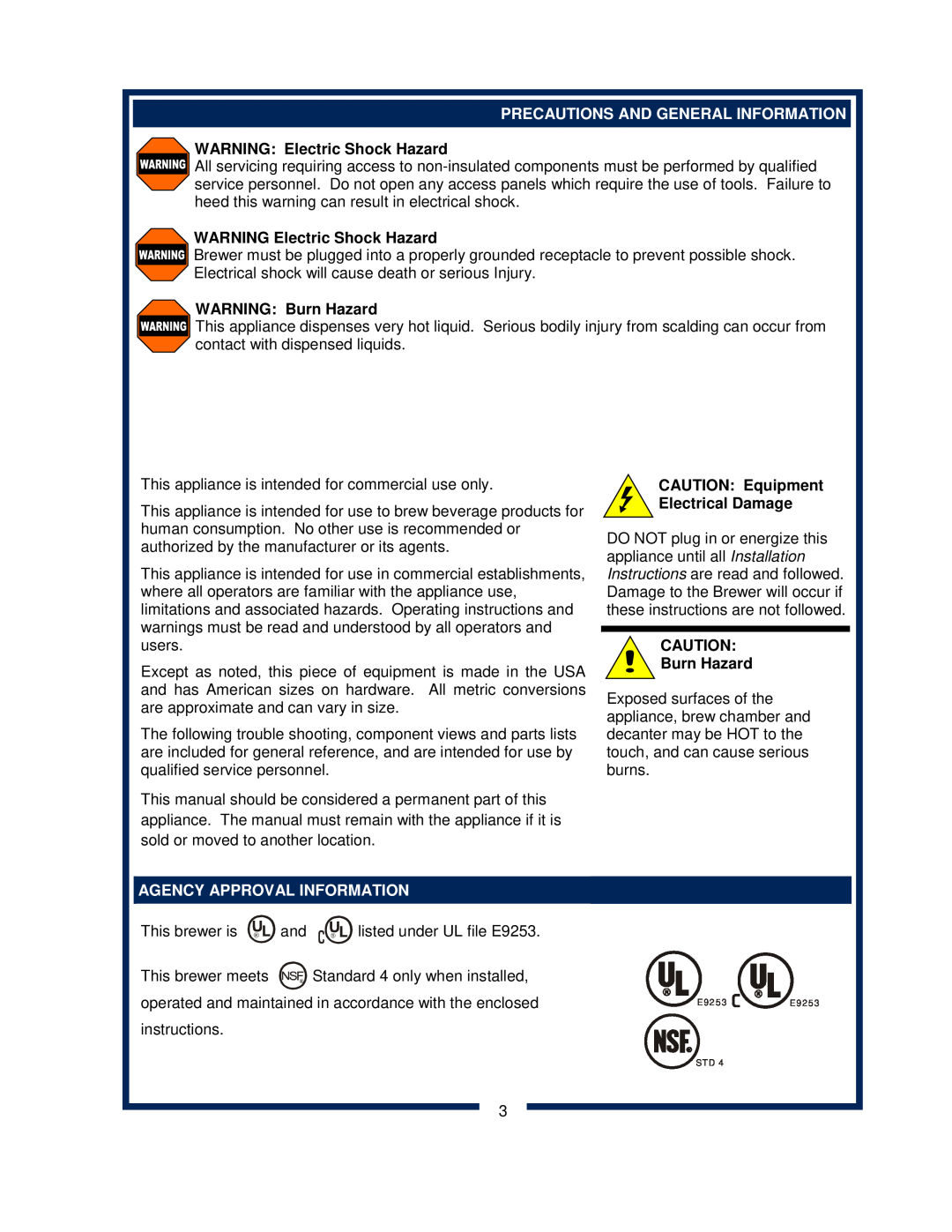 Bloomfield 8372 owner manual Precautions And General Information, WARNING Electric Shock Hazard, WARNING Burn Hazard 