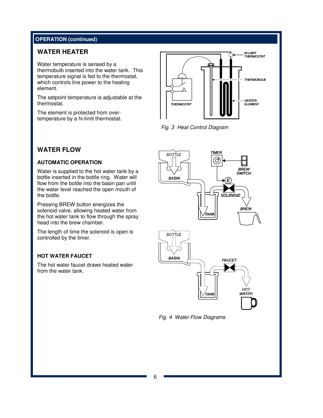 Bloomfield 8372 Water Heater, Water Flow, OPERATION continued, Heat Control Diagram, Automatic Operation, Hot Water Faucet 