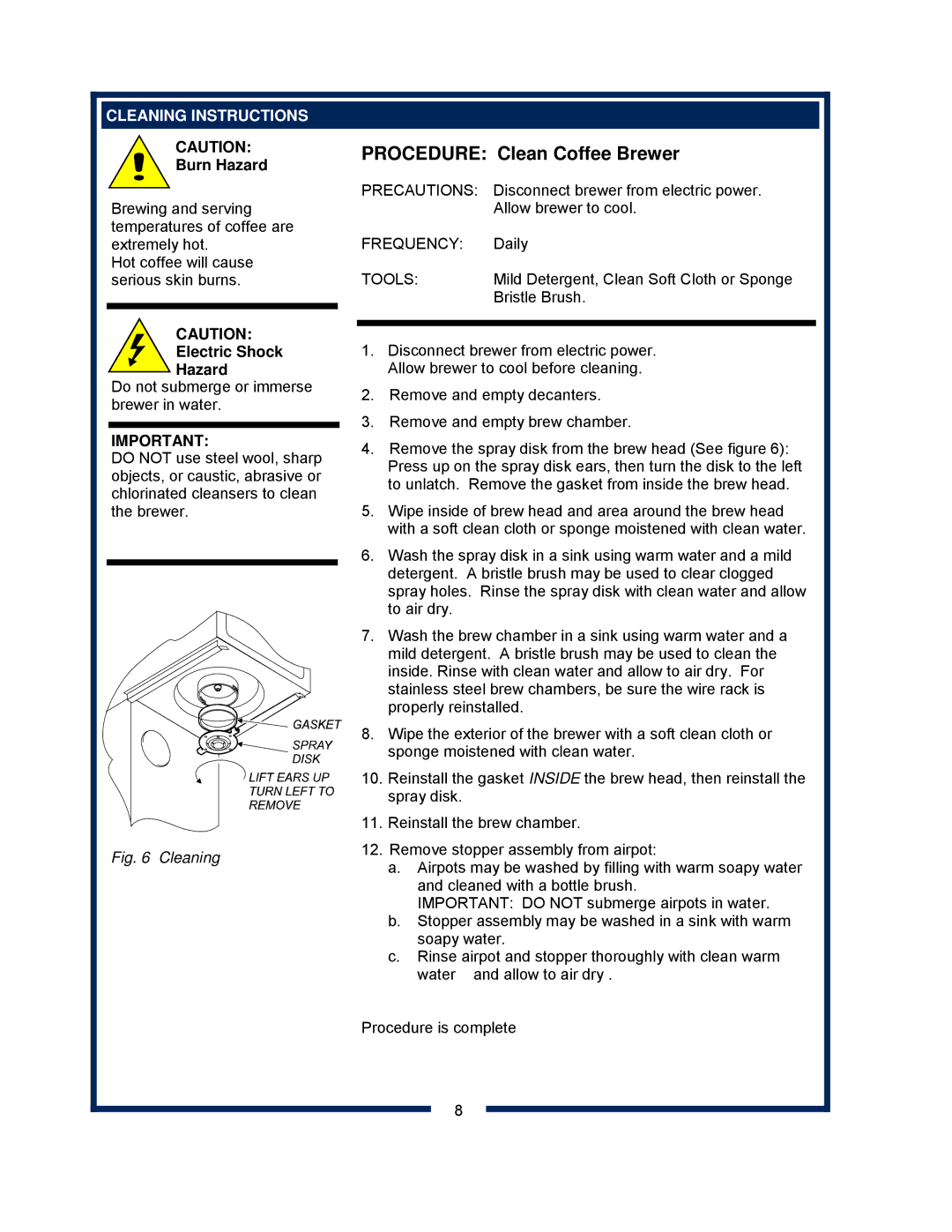 Bloomfield 8382 owner manual Cleaning Instructions, Electric Shock Hazard 