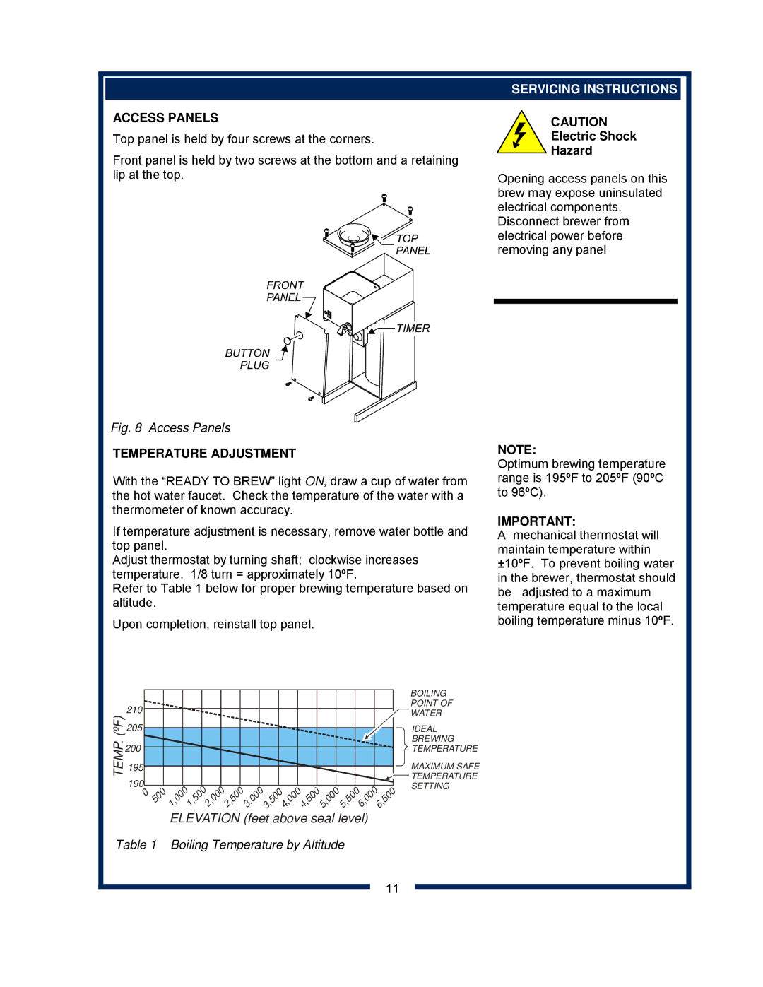 Bloomfield 8382 owner manual Access Panels, Temperature Adjustment, Servicing Instructions 