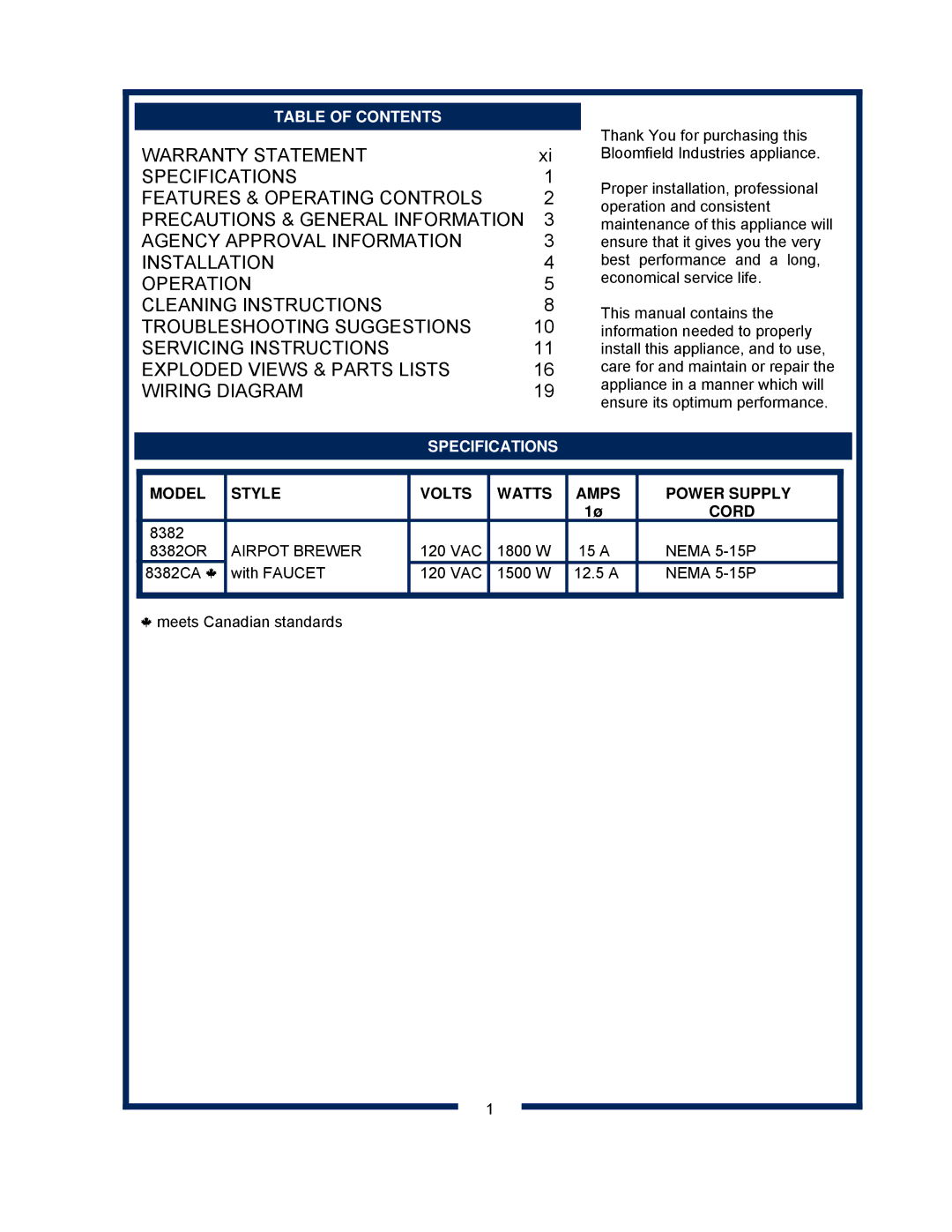 Bloomfield 8382 owner manual Table of Contents, Specifications, Model Style Volts Watts Amps Power Supply Cord 