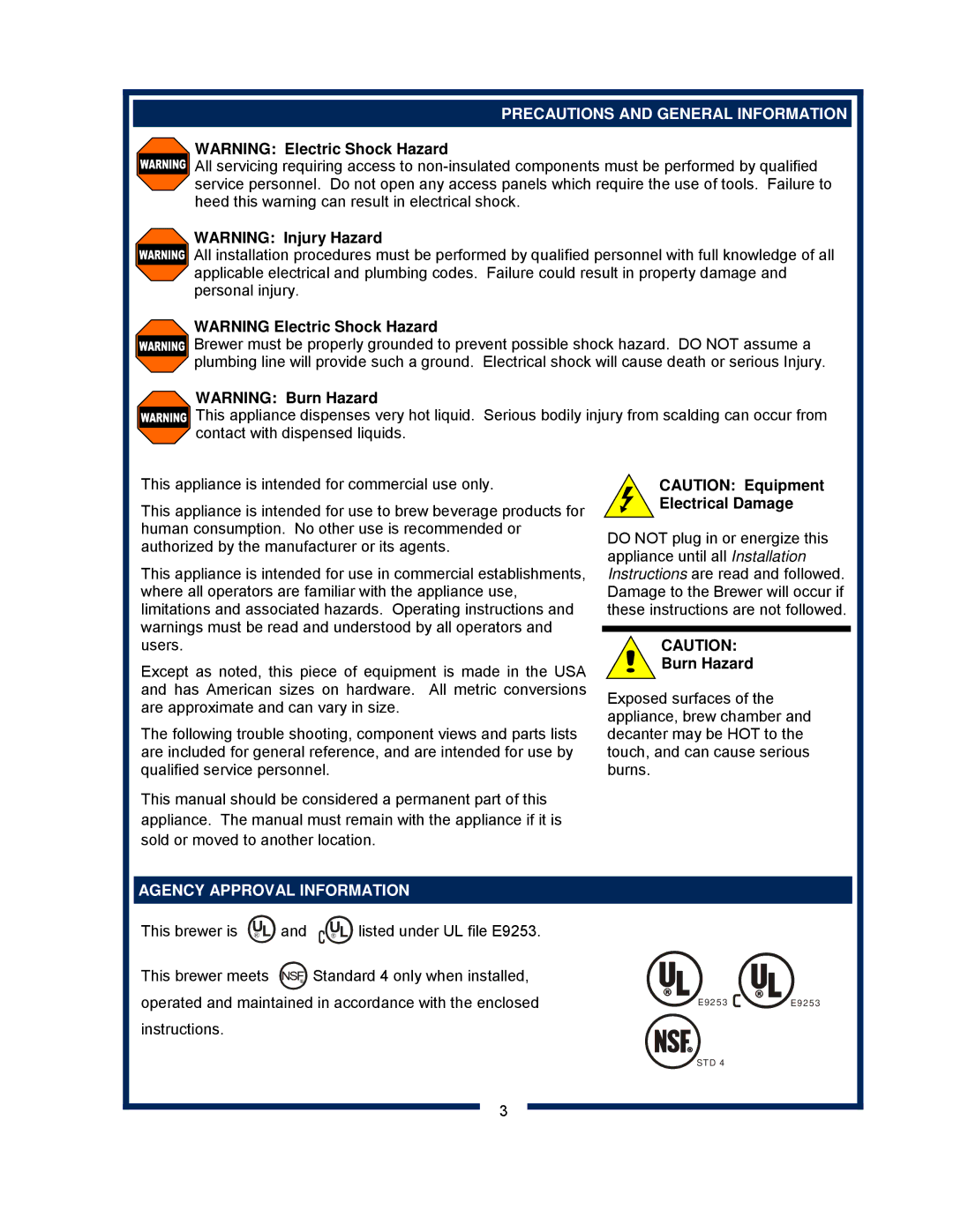 Bloomfield 8382 Precautions and General Information, Electrical Damage, Burn Hazard, Agency Approval Information 