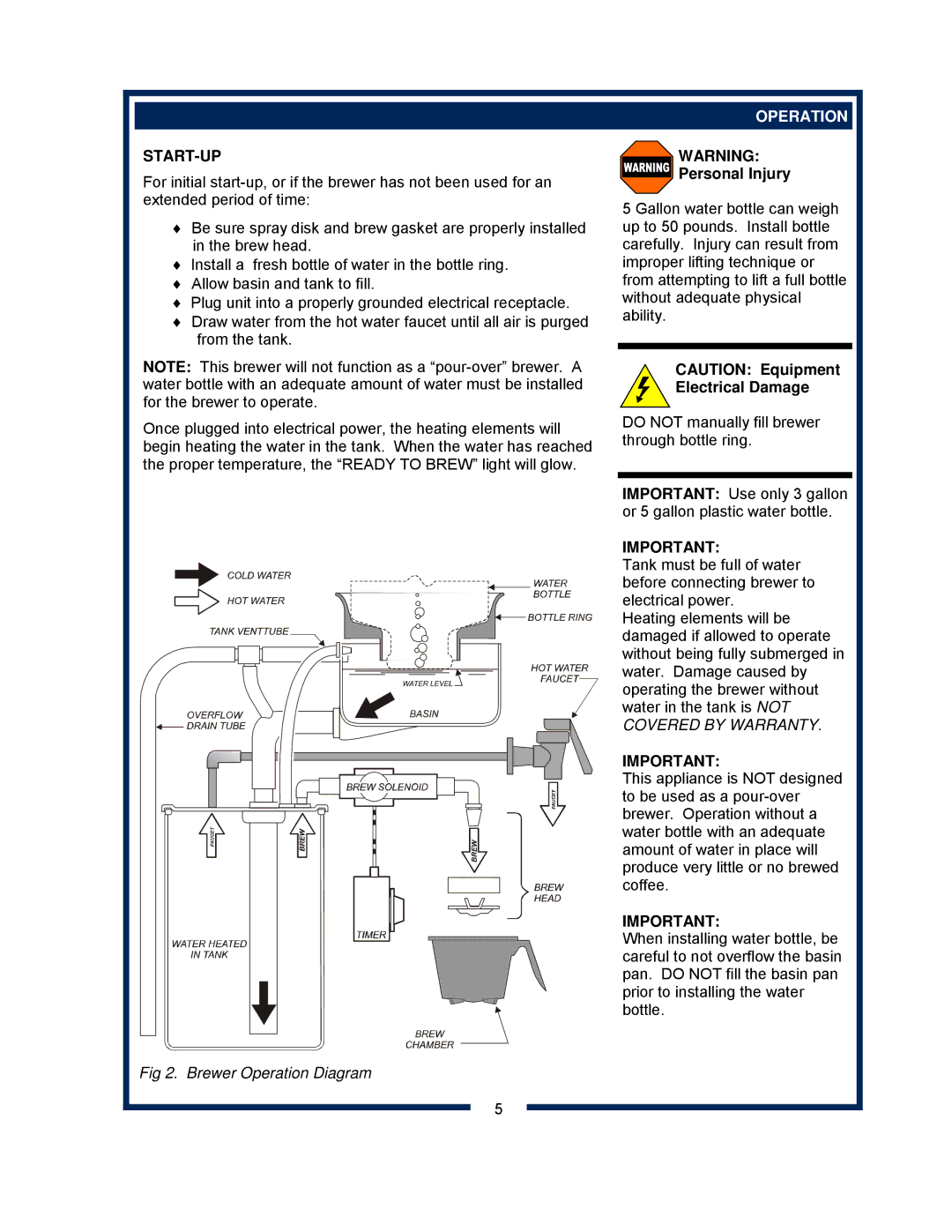 Bloomfield 8382 owner manual Start-Up, Operation, Personal Injury 