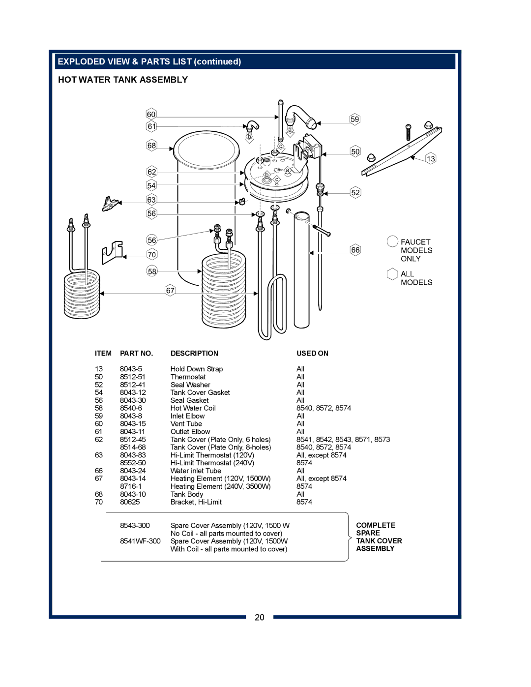 Bloomfield 8572, 8540, 8541, 8542, 8573, 8543, 8571, 8574 owner manual HOT Water Tank Assembly, Description Used on 