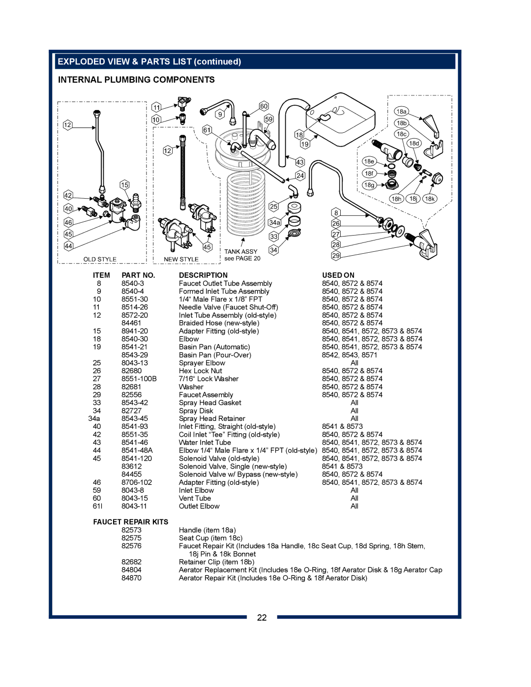 Bloomfield 8540, 8541, 8542, 8573, 8543, 8571, 8572, 8574 owner manual Internal Plumbing Components, Faucet Repair Kits 