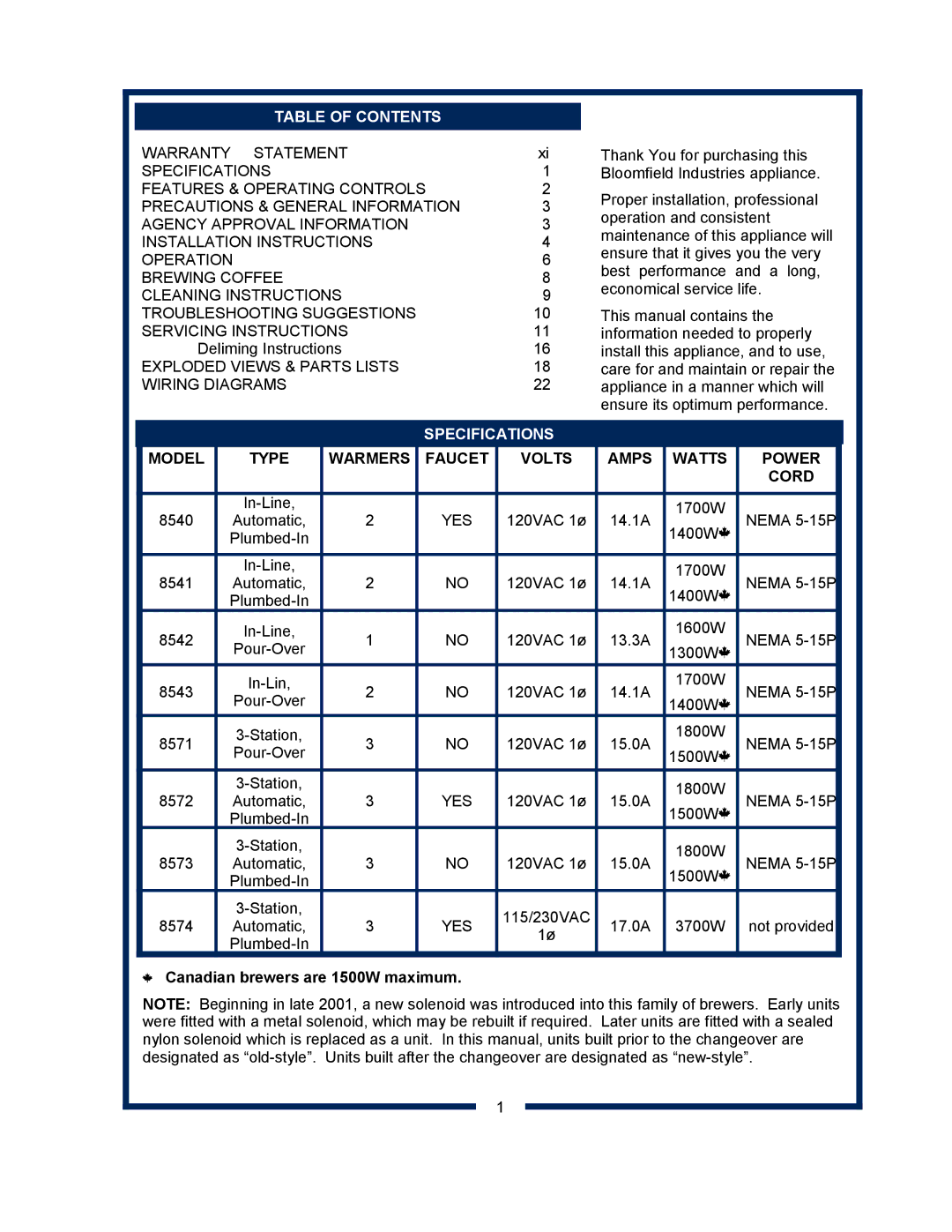 Bloomfield 8573, 8540, 8541, 8542, 8543, 8571, 8572, 8574 owner manual Table of Contents, Specifications 