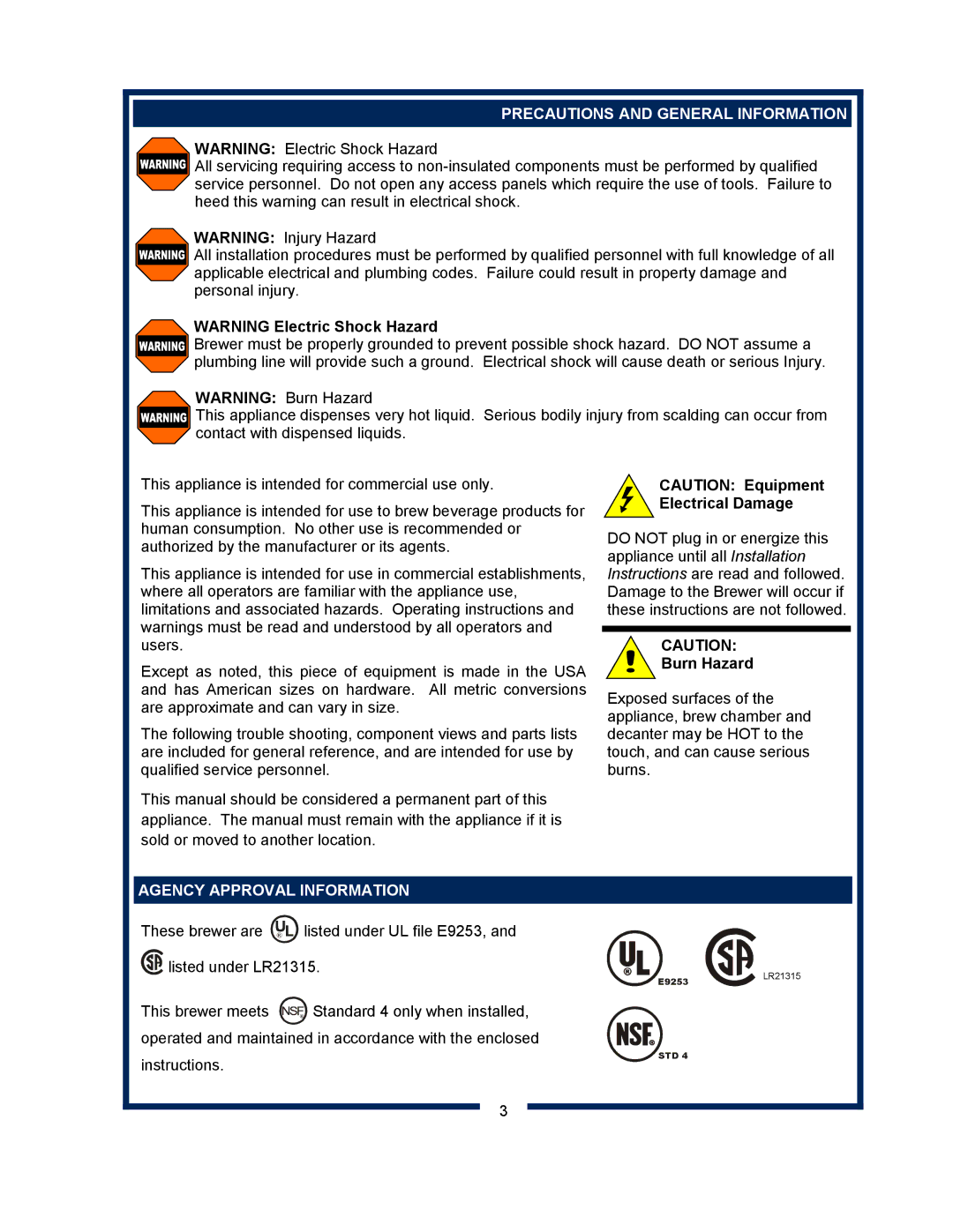 Bloomfield 8571, 8540, 8541, 8542, 8573, 8543, 8572, 8574 Precautions and General Information, Agency Approval Information 