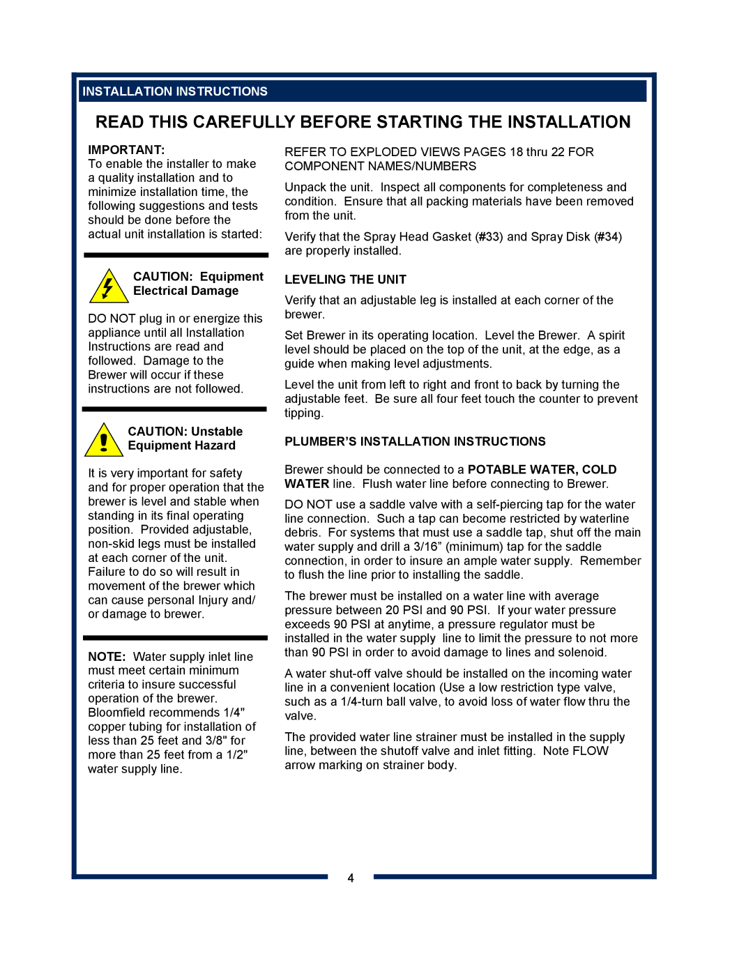 Bloomfield 8572, 8540, 8541, 8542, 8573, 8543, 8571, 8574 owner manual Leveling the Unit, PLUMBER’S Installation Instructions 