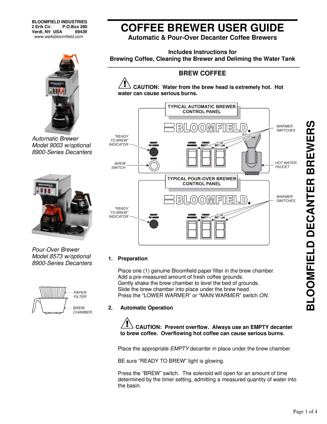 Bloomfield 9003 w/optional 8900-Series Decanters manual Brew Coffee, Preparation, Automatic Operation 