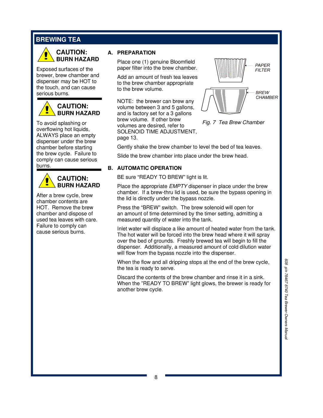 Bloomfield 8740 owner manual Brewing TEA, Solenoid Time Adjustment 