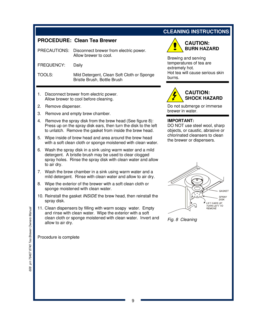 Bloomfield 8740 owner manual Cleaning Instructions, Precautions, Frequency, Tools 