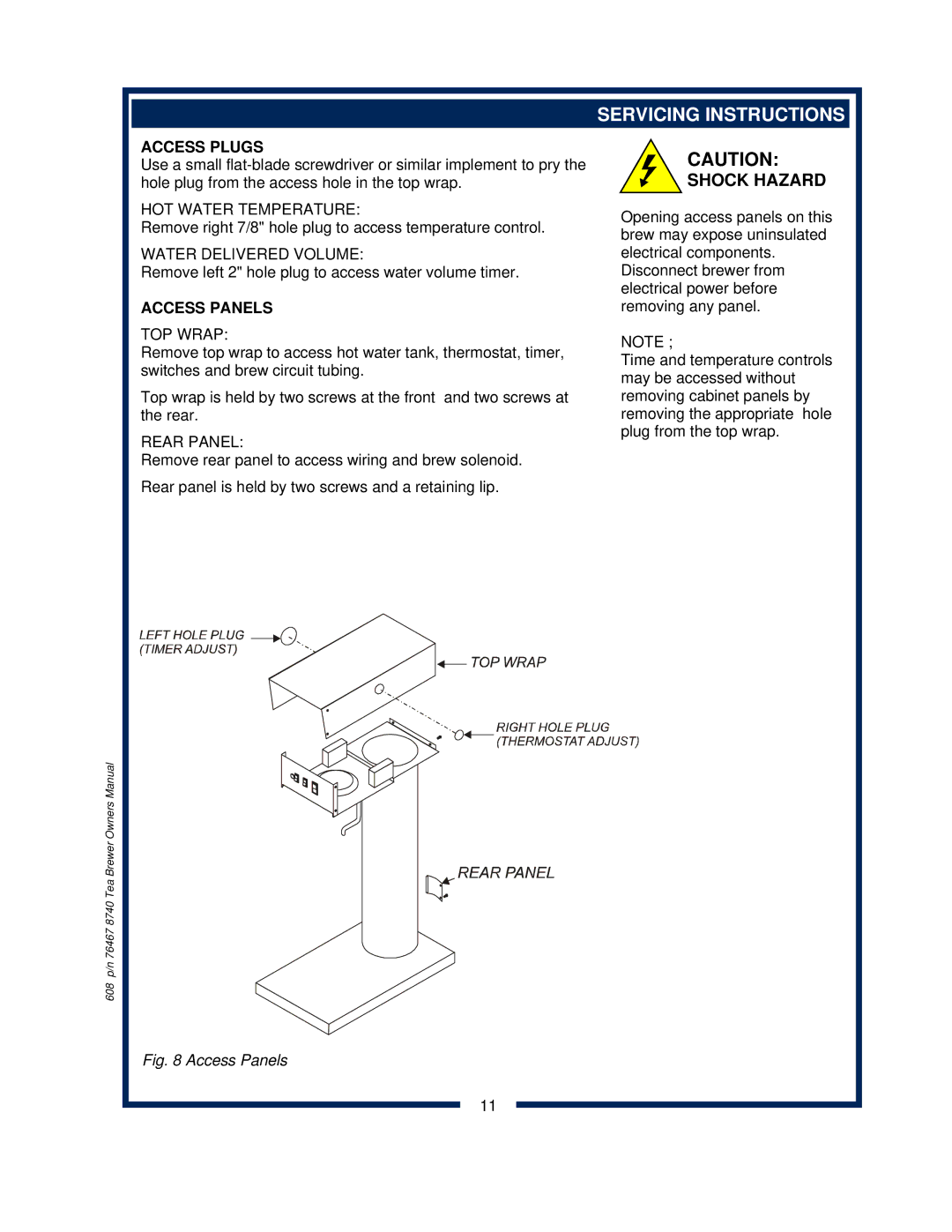 Bloomfield 8740 owner manual Servicing Instructions, Access Plugs, Access Panels 