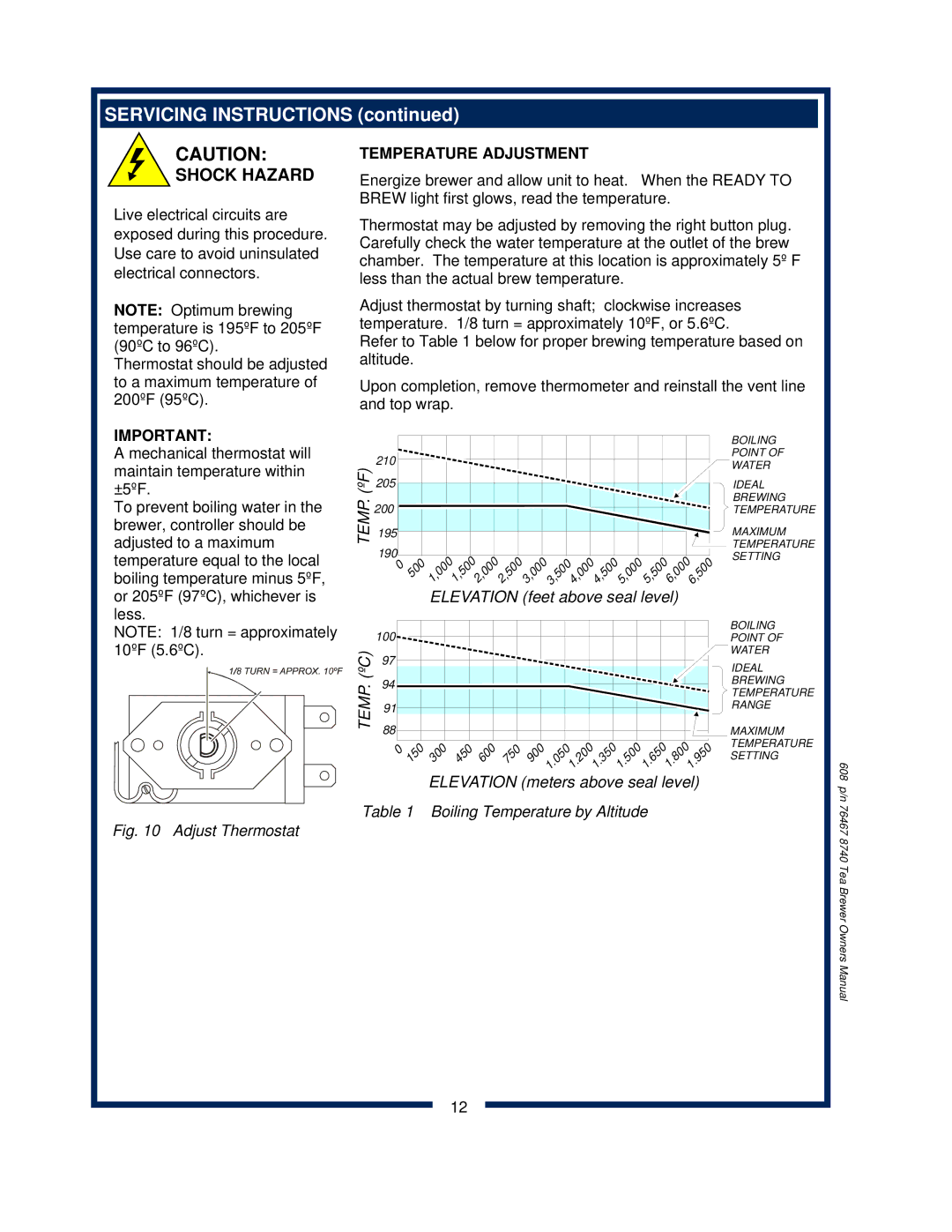 Bloomfield 8740 owner manual Servicing Instructions, Temperature Adjustment 