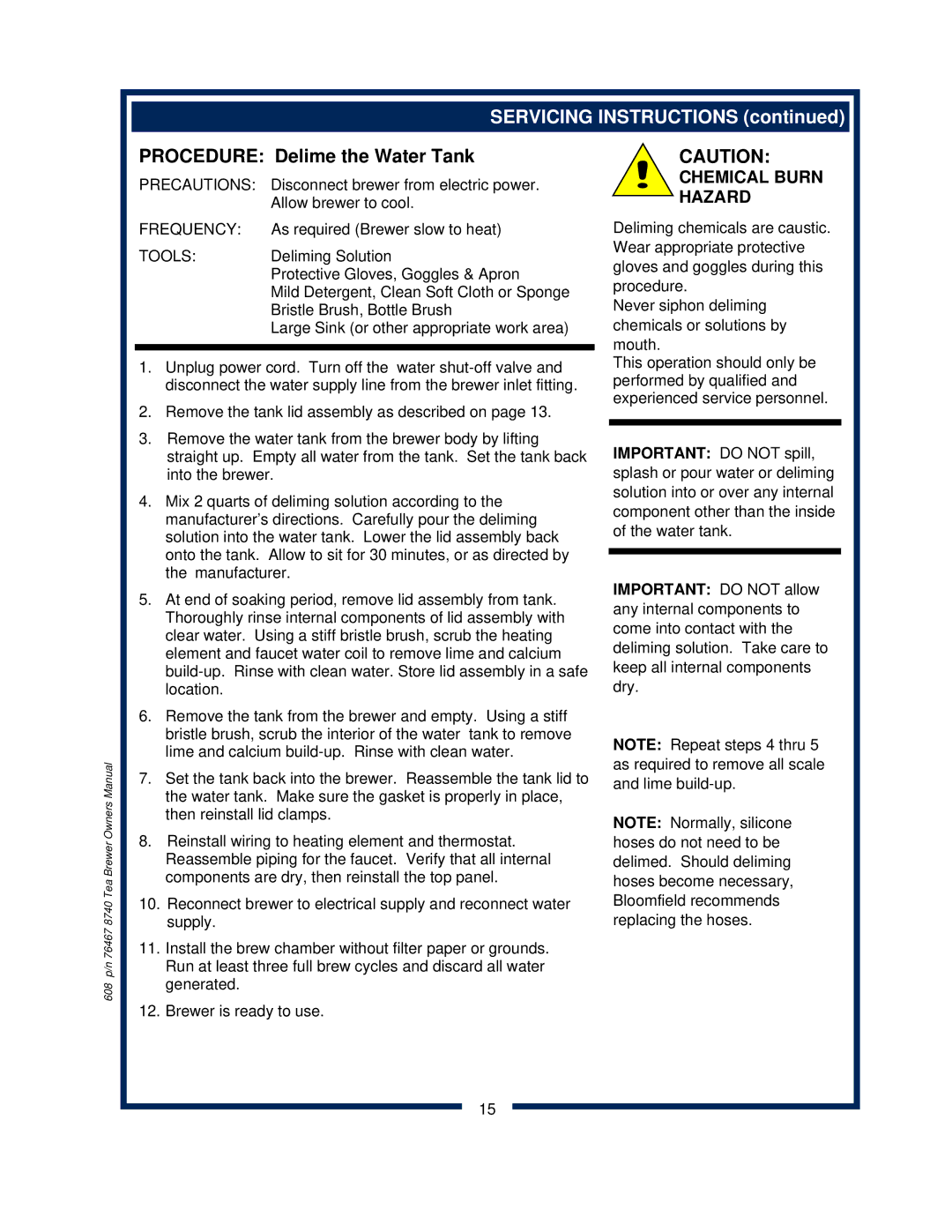 Bloomfield 8740 owner manual Procedure Delime the Water Tank, Chemical Burn Hazard 