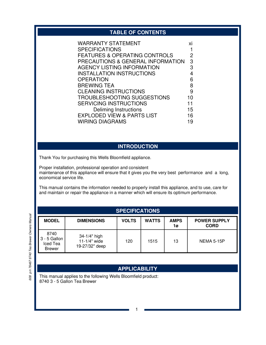 Bloomfield 8740 owner manual Table of Contents, Introduction, Specifications Applicability 