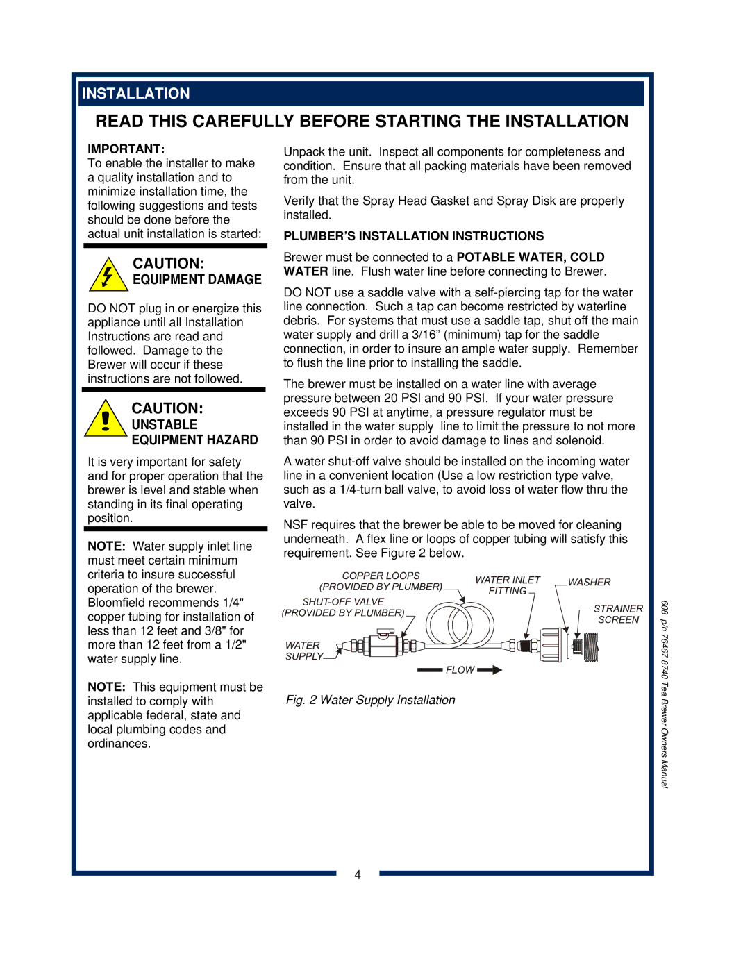 Bloomfield 8740 owner manual Unstable Equipment Hazard, PLUMBER’S Installation Instructions 