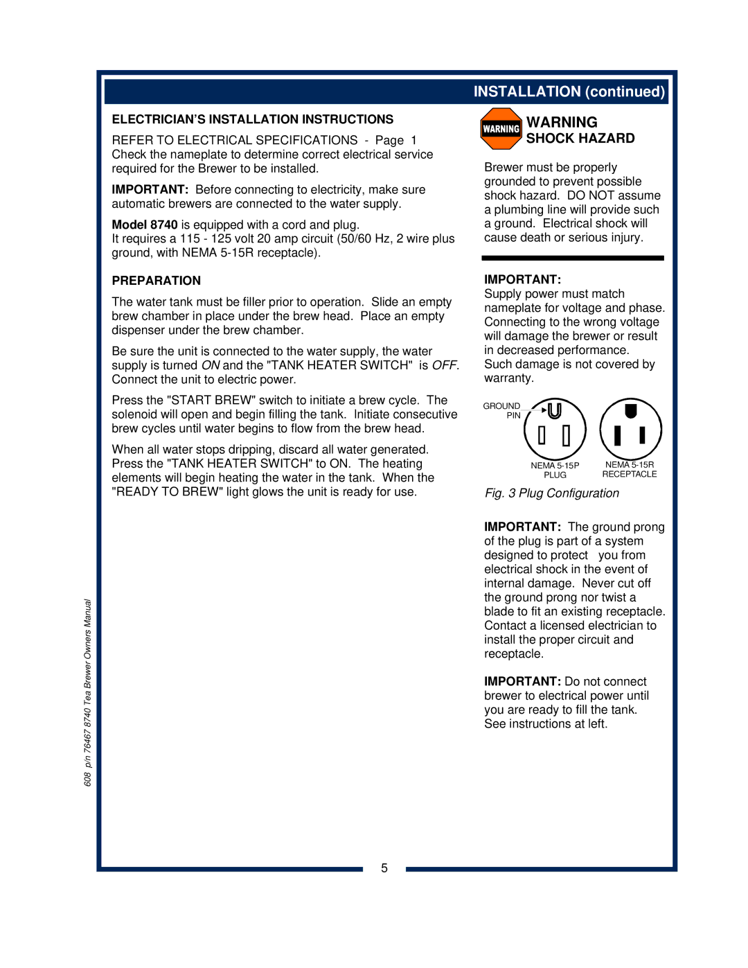 Bloomfield 8740 owner manual Shock Hazard, ELECTRICIAN’S Installation Instructions, Preparation 