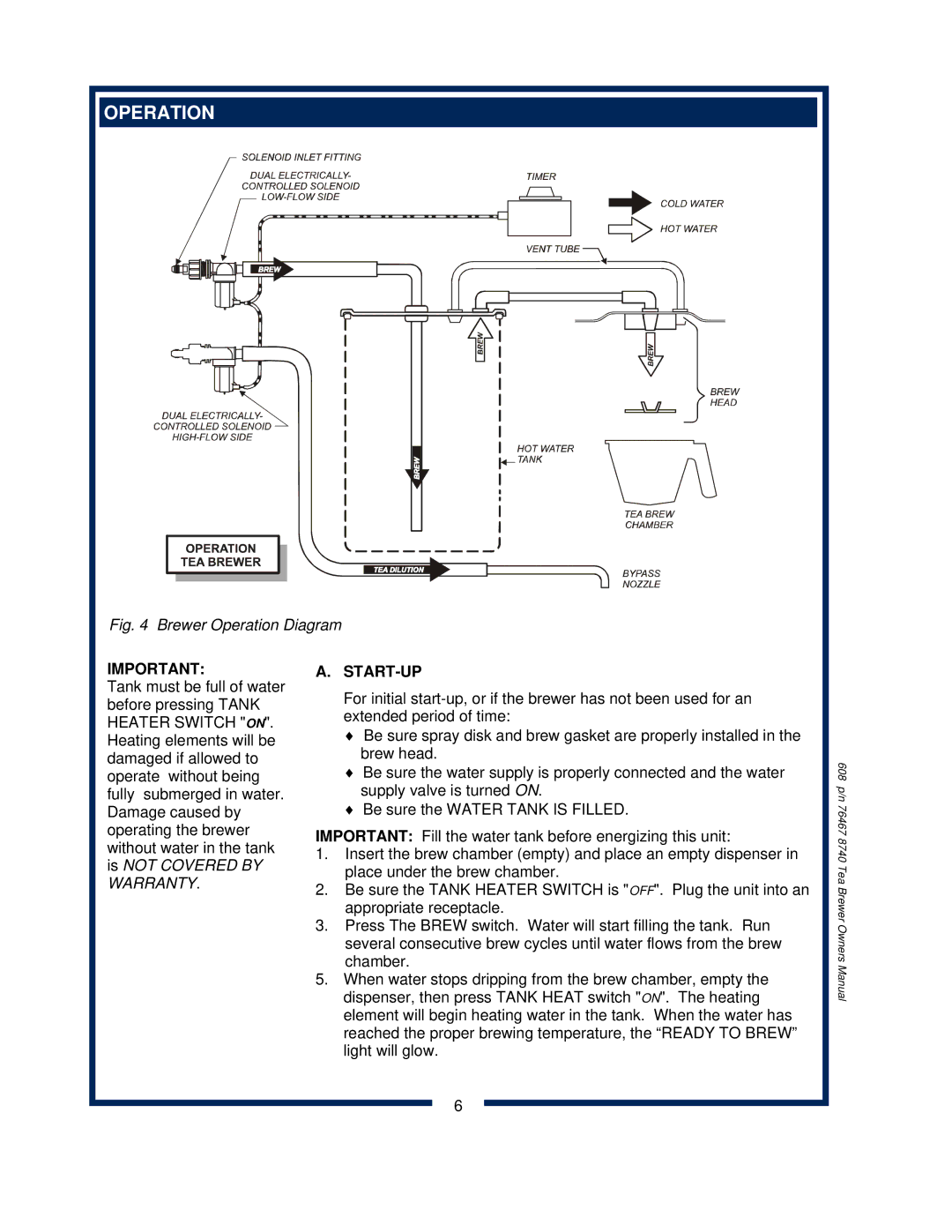 Bloomfield 8740 owner manual Operation, Start-Up 