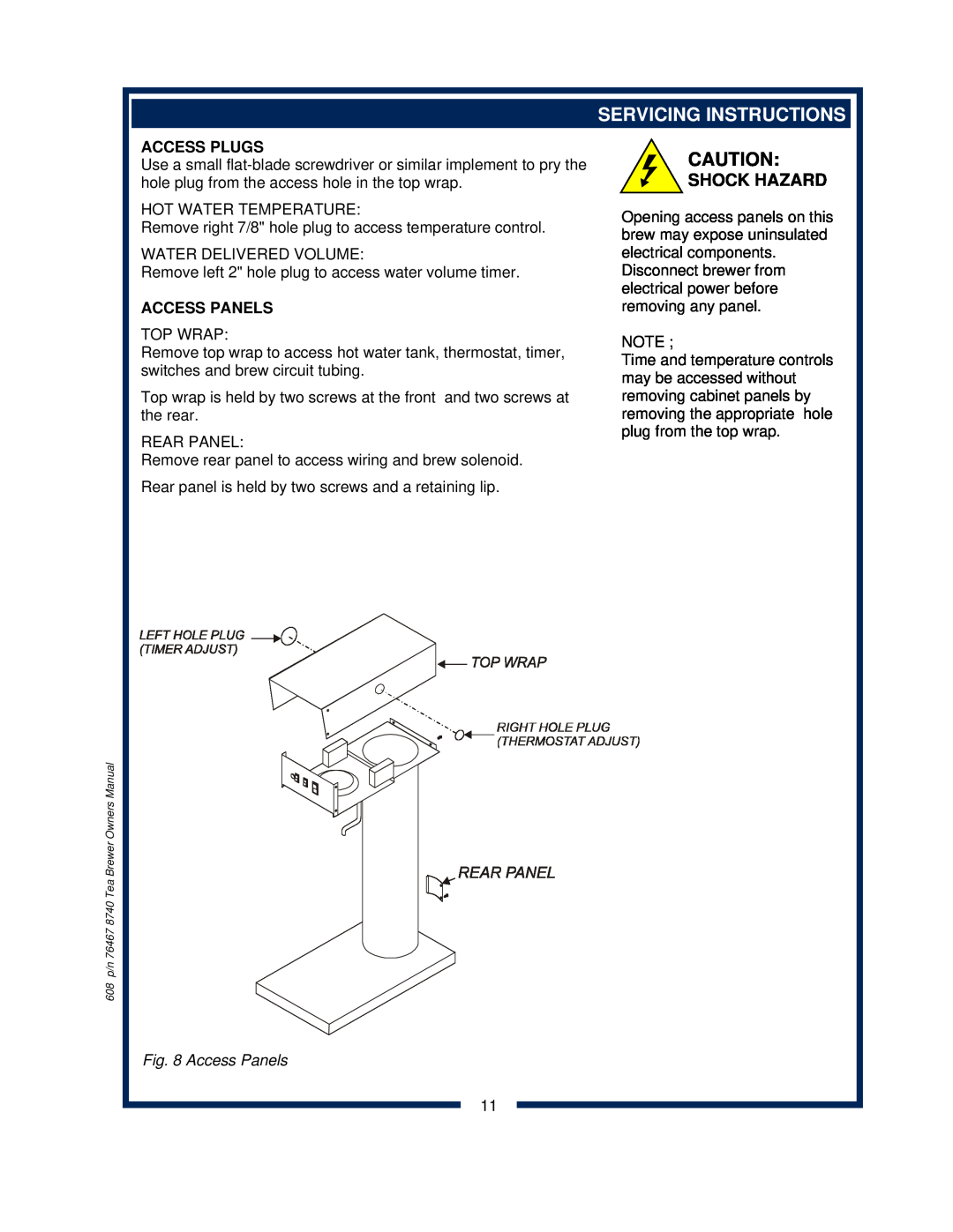 Bloomfield 8740 owner manual Servicing Instructions, Shock Hazard, Access Plugs, Access Panels 
