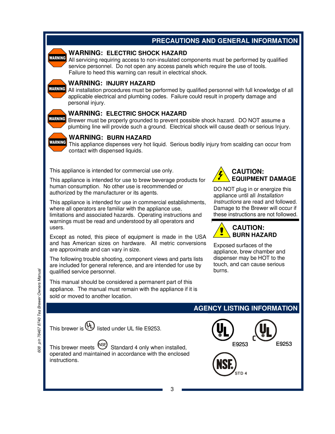 Bloomfield 8740 owner manual Precautions And General Information, Agency Listing Information, Warning Electric Shock Hazard 