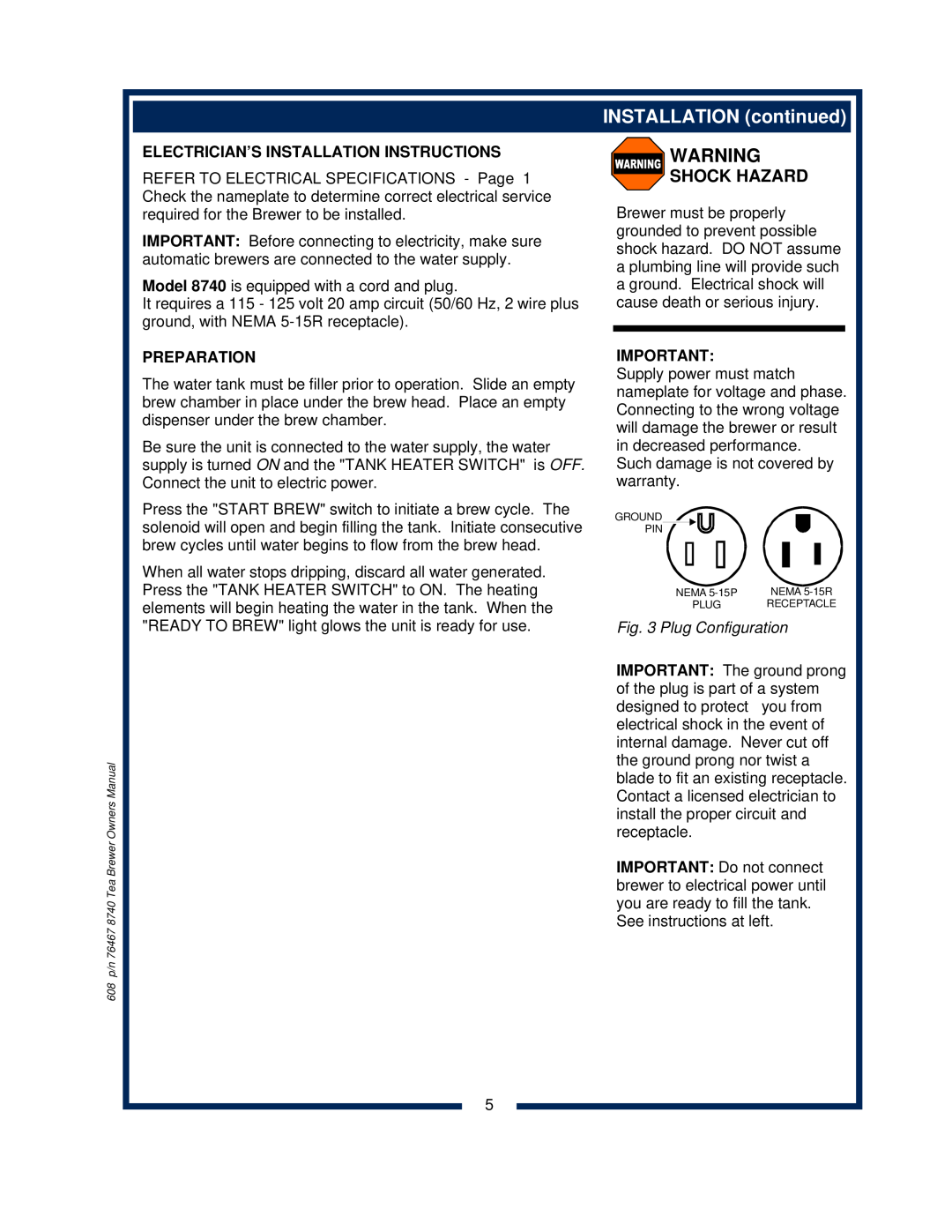 Bloomfield 8740 owner manual INSTALLATION continued, Shock Hazard, Electrician’S Installation Instructions, Preparation 