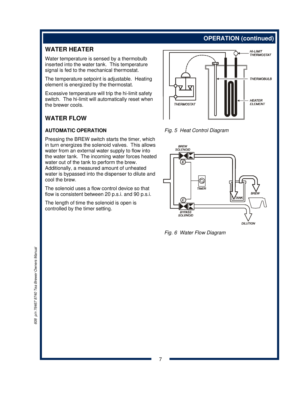 Bloomfield 8740 owner manual OPERATION continued, Water Heater, Water Flow, Automatic Operation, Heat Control Diagram 