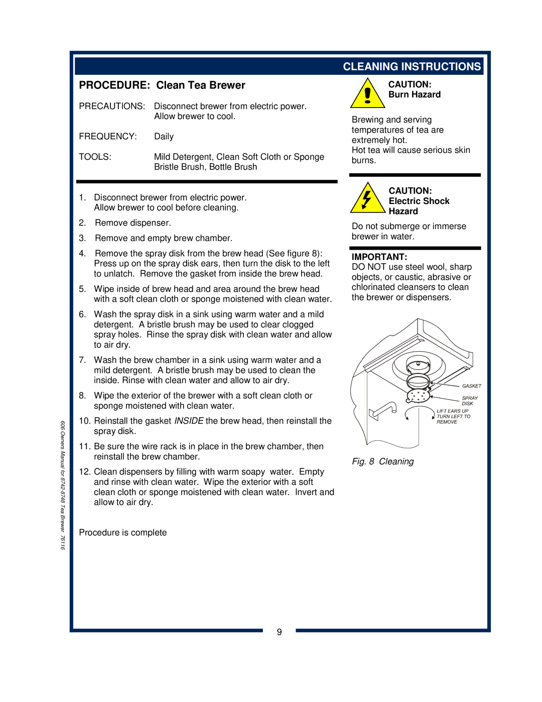 Bloomfield 8742 owner manual Procedure Clean Tea Brewer, Cleaning Instructions 