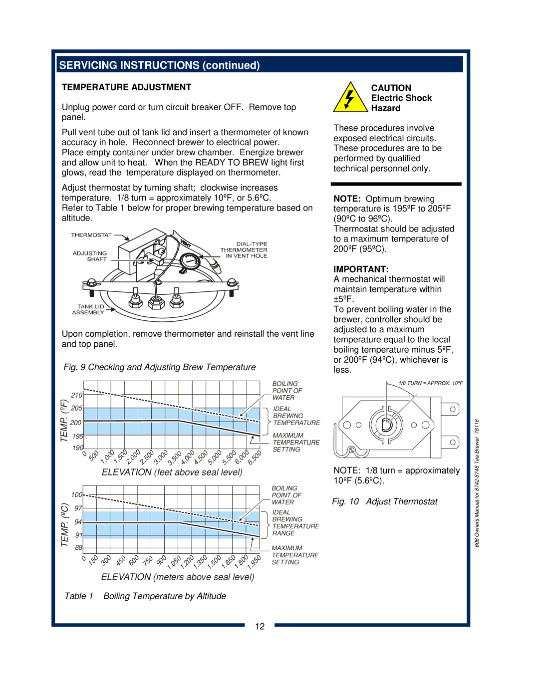 Bloomfield 8742 owner manual Servicing Instructions, Temperature Adjustment 