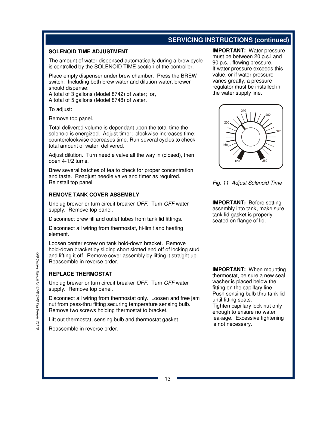 Bloomfield 8742 owner manual Solenoid Time Adjustment, Remove Tank Cover Assembly, Replace Thermostat 