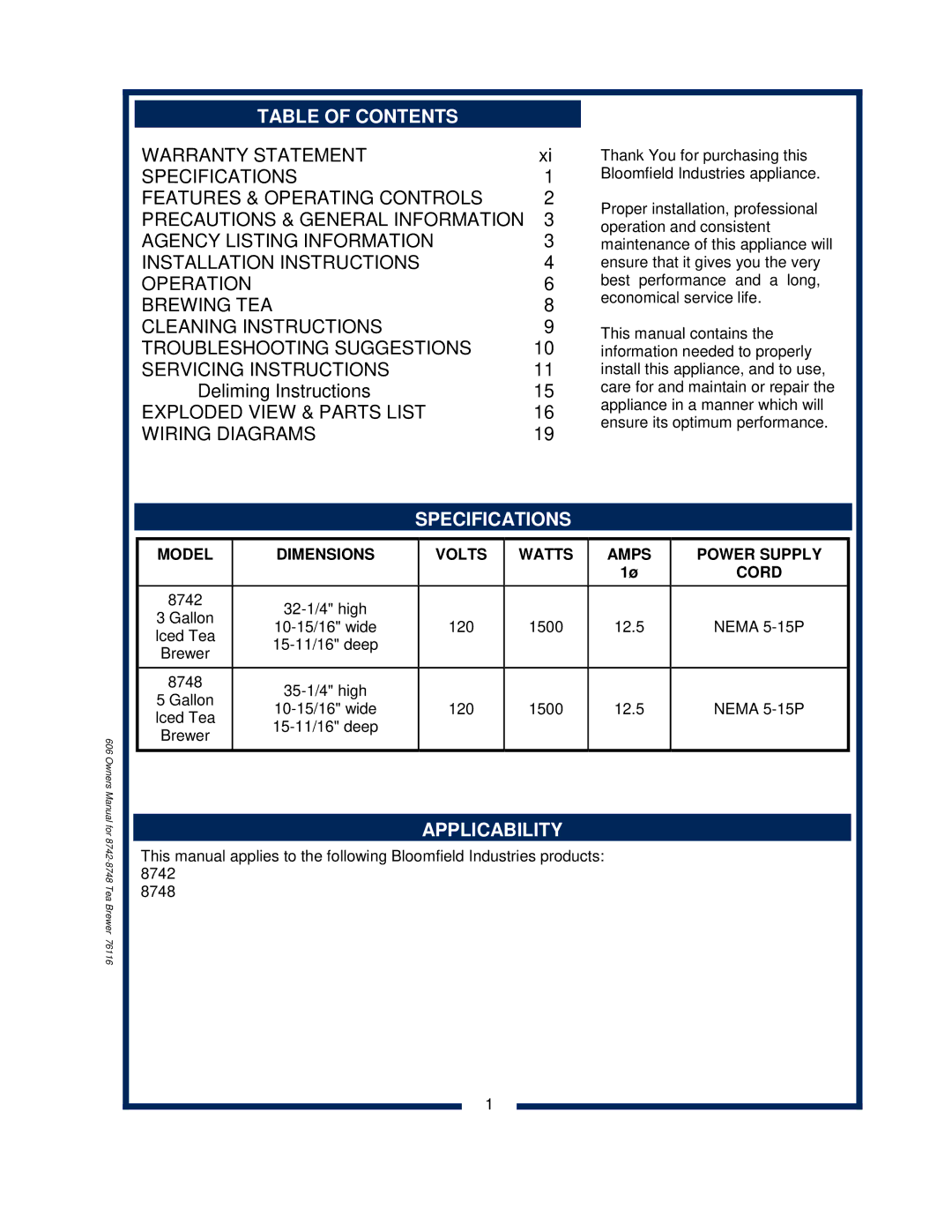 Bloomfield 8742 owner manual Table of Contents, Specifications, Applicability 