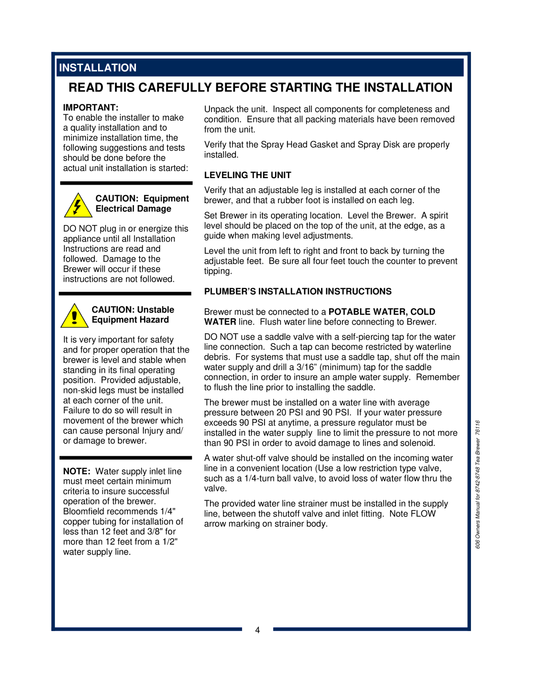 Bloomfield 8742 owner manual Leveling the Unit, PLUMBER’S Installation Instructions 