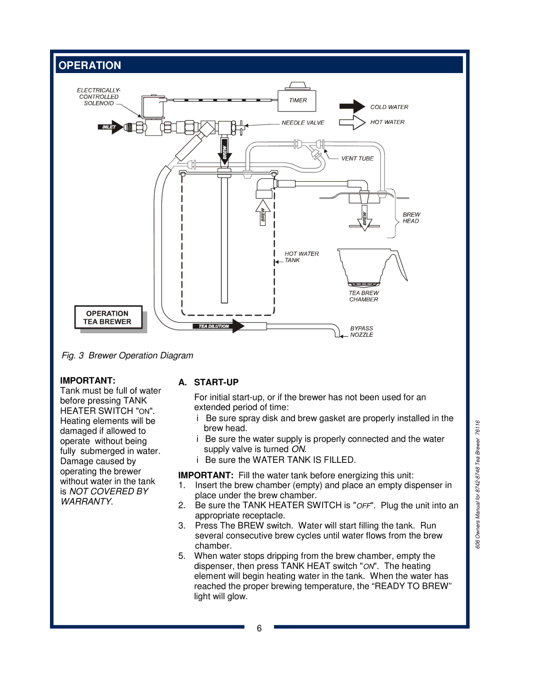 Bloomfield 8742 owner manual Operation, Start-Up 