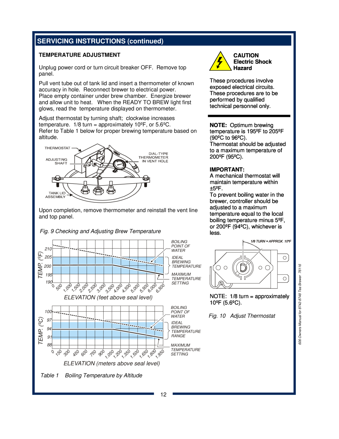 Bloomfield 8742 SERVICING INSTRUCTIONS continued, Temperature Adjustment, Checking and Adjusting Brew Temperature 