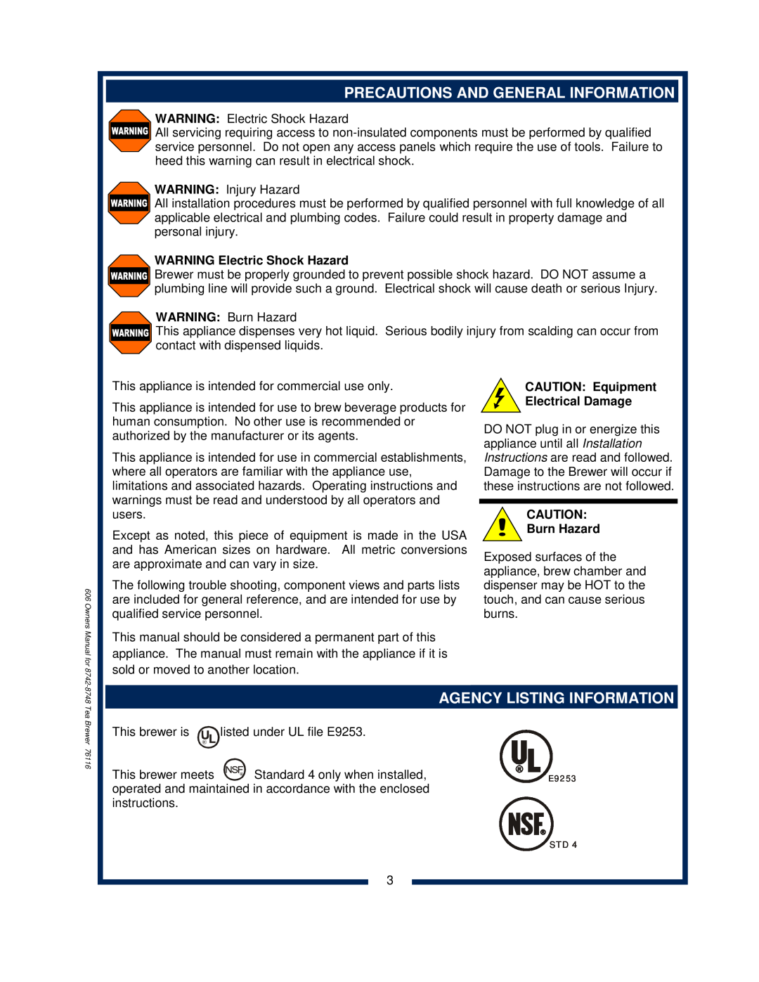 Bloomfield 8742 owner manual Precautions And General Information, Agency Listing Information, WARNING Electric Shock Hazard 