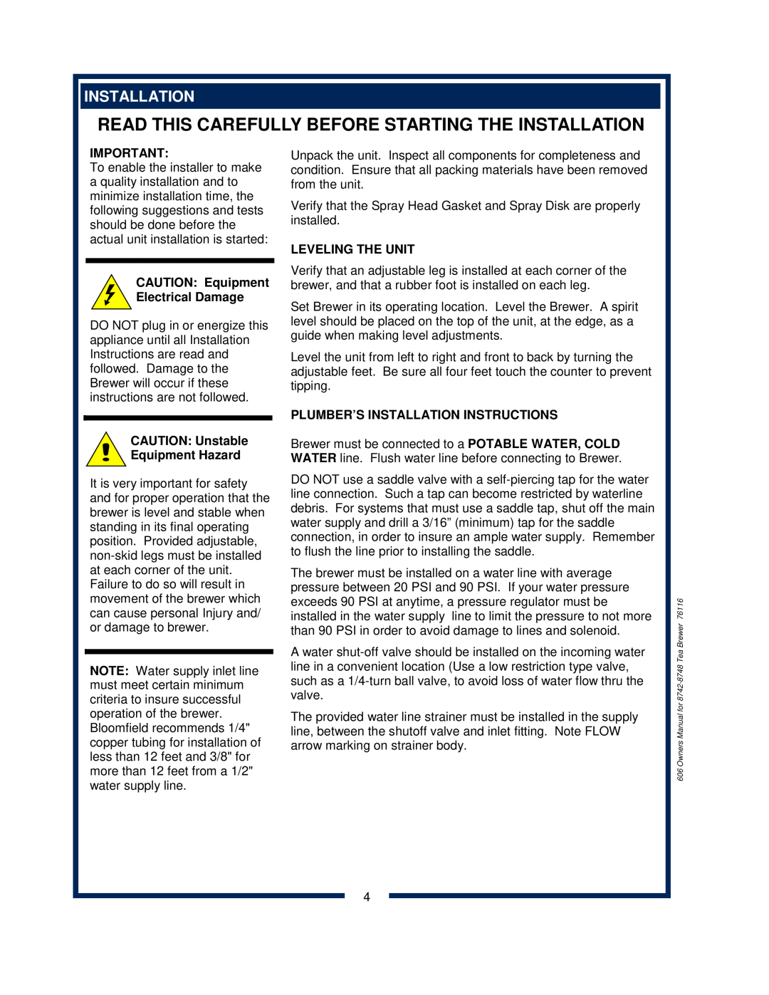 Bloomfield 8742 owner manual CAUTION Unstable Equipment Hazard, Leveling The Unit, Plumber’S Installation Instructions 