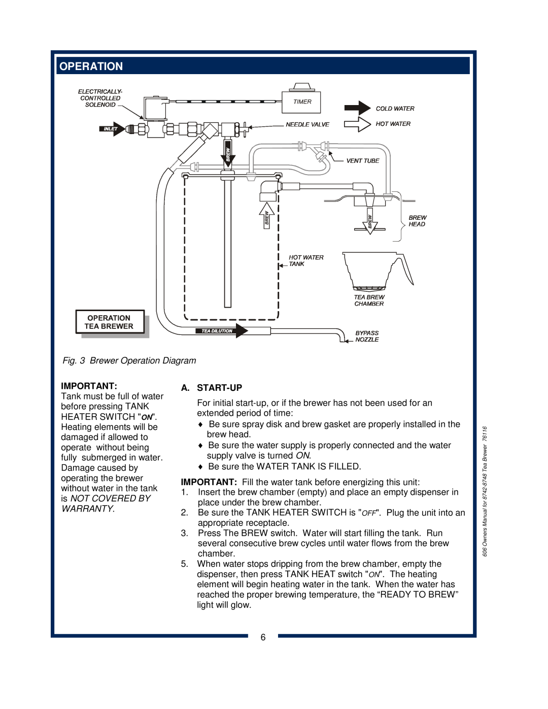 Bloomfield 8742 owner manual Brewer Operation Diagram, A. Start-Up 